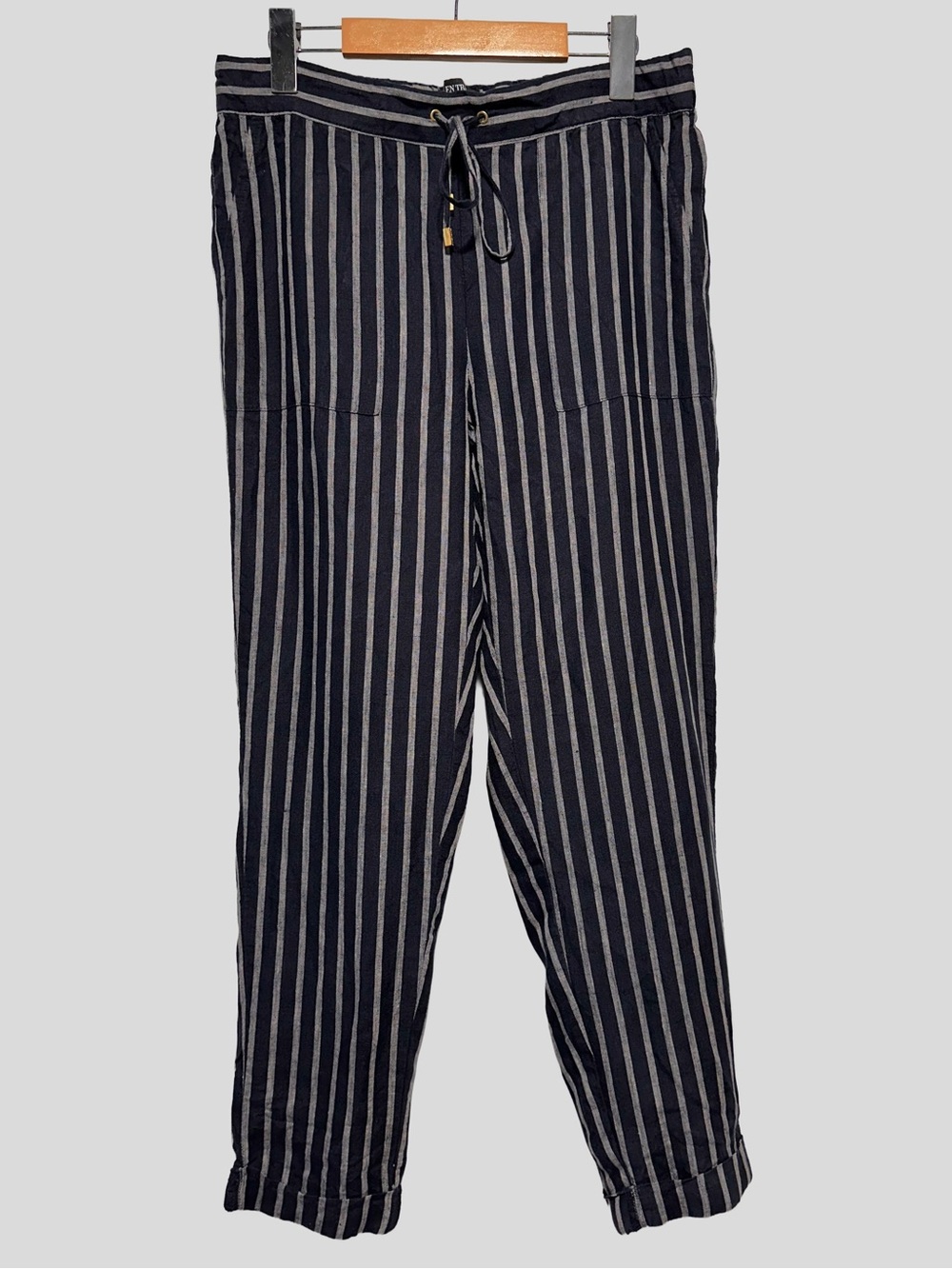 100% Linen Striped Pants Navy Coastal Quiet Luxury Pull On Trousers Resort S